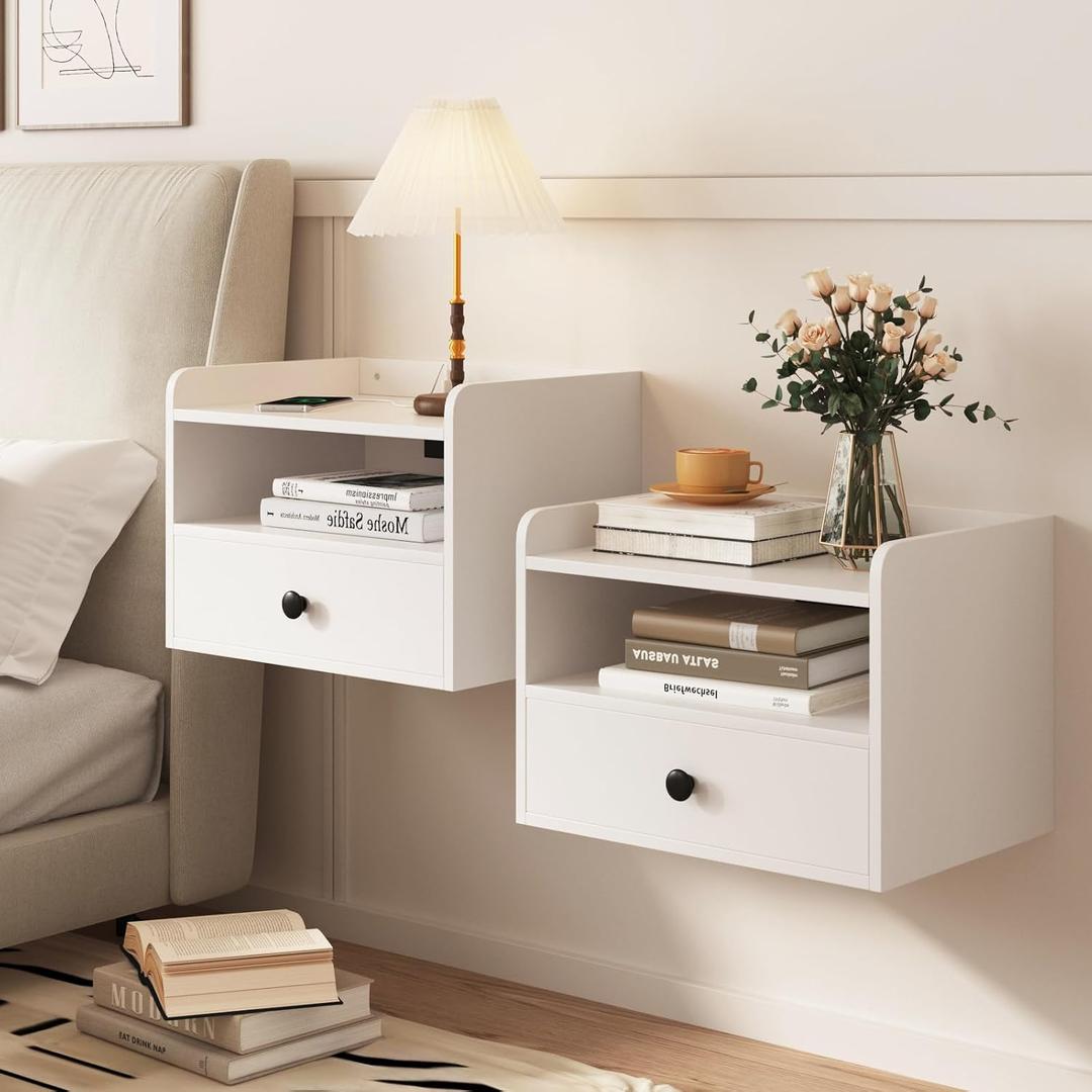 Floating Nightstand Set of 2 Modern Night Stands with Drawer and Open Shelf Cubby Small Bedside End Table with Charging Station Wall Mounted Nightstands Set 2 for Bedroom White, 15.8" W x 11.5" L x 11.5" H