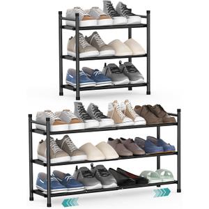 3 Tier Expandable Shoe Rack, Stackable Adjustable Shoe Rack for Closet, Metal Shoe Shelf Organizer Storage, Standing Small Shoe Racks for Front Door EntranceEntryway (Black)