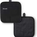 KITCHENAID Gourmet Series Gridlines Pot Holders 2-Pack Set, Heat Resistant up to 600F, Soft Silicone Grip, Magnetic Cuff, Matte Black, 8"x8"