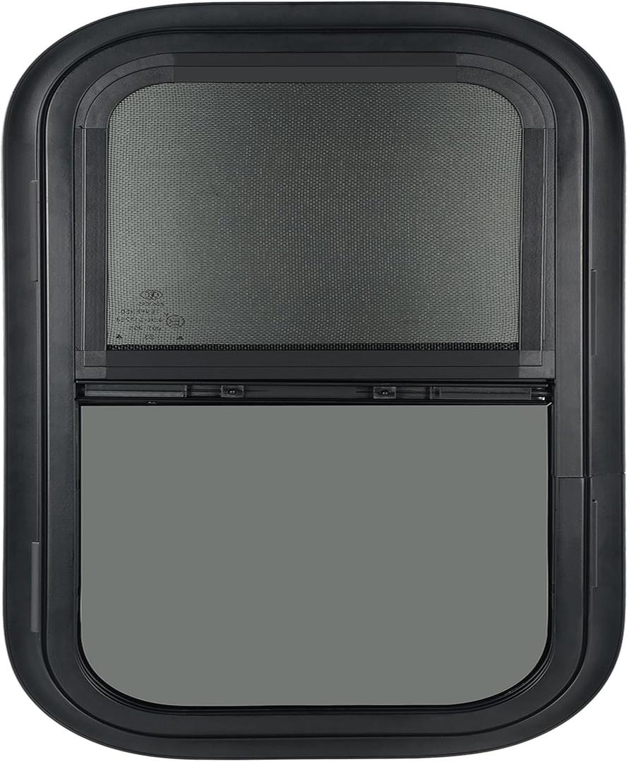 Vertical RV Window, 14" W x 16" H Tinted Sliding RV Window with Net Screen and Trim Ring, Suitable for 15/16" or 1-3/8" and Slightly Thicker Up to 1/16" Walls, DOT Approved