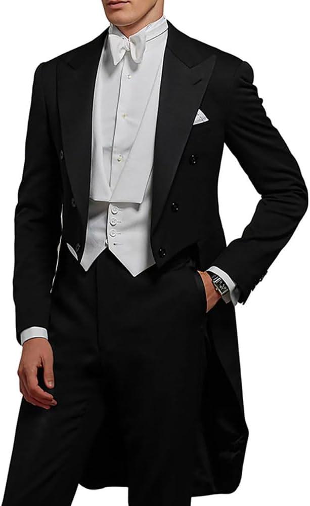 Mens Victorian Peak Lapel Tailcoat Vest Pants Tuxedo Set Wedding Dress Suit Set Morning Suits (3XL)