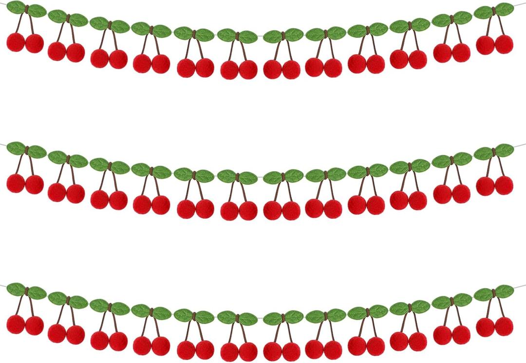 3 Pcs Cherry Garland, Christmas Cherry Garland Decorations, Cute Cherries on Top Garlands Pompom Felt Bunting Hanging Decoration for Birthday Party, Baby Shower, Home Decor