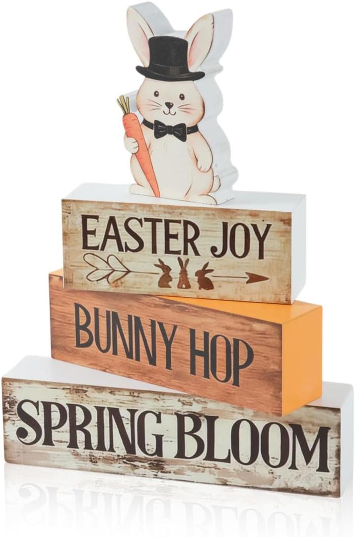 Spring Easter Dec Bunny Wooden Tabletop Decor with Easter Joy/Bunny Hop/Spring Bloom Signs, Spring Farmhouse Spring Table Decorations for Home Indoor, Green Purple Beige Wood Blocks Set of 4