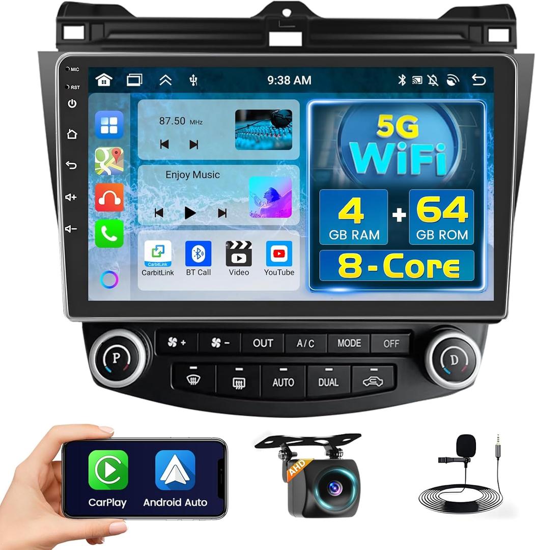 8 Core 4+64GB for Honda Accord 7th 2003-2007 Android 15 Car Stereo Wireless Carplay Android Auto, 10.1'' Touchscreen Car Radio with GPS, WiFi, 32EQ DSP, 59 UI, Bluetooth, FM RDS, Backup Camera