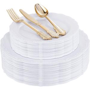DaYammi 150Pcs White Plastic Plates & Gold Plastic Silverware, White Disposable Plates for Party Include 30 Dinner Platos,30 Dessert Platos,30 Golden Knives,30 Gold Forks,30 Spoons for Wedding Party