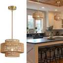 12.4” Boho Rattan Chandelier Light Fixture, 1-Light Hand Woven Pendant Light Fixture Farmhouse Rustic Hanging Lamp for Kitchen Island Bedroom, Dining Room, Living Room, Entryway, Foyer