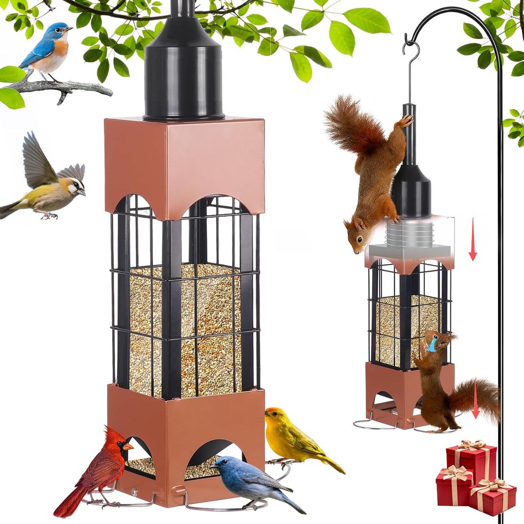 Squirrel Proof Bird Feeder,Heavy Duty Metal Wild Bird Feeders for Outdoors Hanging,5lb Large Capacity Weight-Activated Perches for Cardinal Finch,Weatherproof Seed Dispenser for Garden Decor