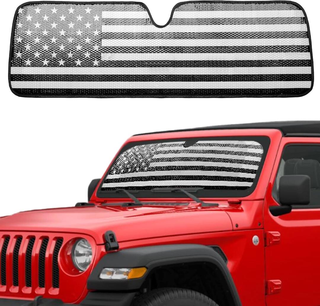 Litivy Windshield Sun Shade Compatible with Jeep Wrangler JK JKU JL JLU 1997-2023 & Jeep Gladiator JT 2020-2023 16.5"x52.5" Folding Front Window Sun Shade for Car Accessories (American Flag)