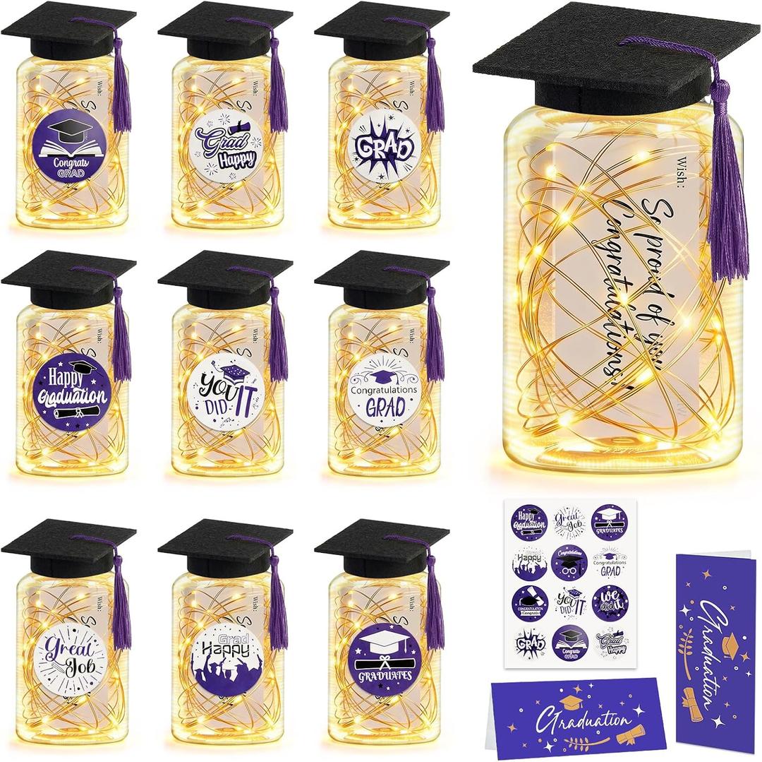 9 Pcs Graduation Centerpieces for Tables with LED Lights, Class of 2026 Graduation Tables Decorations, Mason Jar Style Table Decor with String Lights, Caps, Notes Cards, Stickers & Adhesive Spots