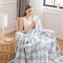 EMME Checkered Throw Blanket Cotton for Couch Soft Muslin Bamboo Blankets 50"x60" Lightweight Breathable Soft Blanket All Season Gauze Blanket, Checkered Teal