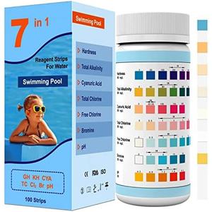 7IN1 Pool Test Strips,Accurate&Easy Water Chemical Testing Strip for Pool,Spa&Hot Tub, Quick Pool Test Kit for Hardness,Total Alkalinity,Cyanuric Acid,Total Chlorine 100 Strips (7IN1V11)