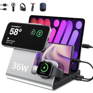 WHJ 5 in 1 Wireless Charging Station for Apple Devices - Mag-Safe Wireless Charger Stand, Magnetic 15W Fast Charger for iPhone 17 Air/16/15/14/13/12 Pro Max, Apple Watch 1-10/Ultra & AirPods(Silver)