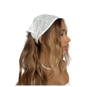 OYOANGLE Women's Hair Scarf Boho Eyelet Crochet Bandana Headbands Head Scarfs Hair Accessories White One-Size