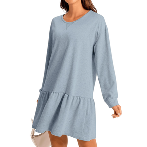 Womens 2025 Fall Long Sleeve Pullover Tops Crewneck Rib Knit Patchwork Sweatshirt Dress Ruffle Mini Dresses, Size S