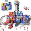 Ochido Boys Toys for 3 4 5 6 Years Old, Large City Action Playset Kit with Lights Sounds, Walkie-Talkie, Foldable Police & Fire Station Transform Track Toy with 4 Cars,Helicopter,7 Accessories