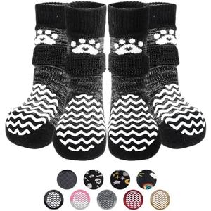 PUPTECK Anti Slip Dog Socks 2 Pairs with Double Grippers for Hardwood Floors, Shoes for Hot/Cold Pavement, Boots & Paws Protectors to Prevent Licking, Traction Booties for Senior Small Large Dogs, Small