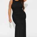 GOKATOSAU Women's Sleeveless Round Neck Full Ruched Bodycon Mesh Ruffle Hem Long Maxi Dress Black (Black, S)