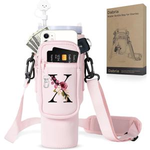 dabria Initial A-Z Water Bottle Bag with Phone Pocket for Stanley 40 oz Tumbler Neoprene Water Bottle Holder Pouch with Adjustable Strap Bollus with Straw Cover & Carabiner for Stanley Cup Accessories (Pink)