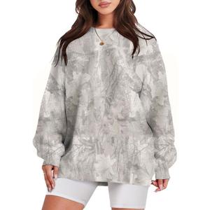 Womens Camo Sweatshirt Maple Leaf Print Oversized Camo Crewneck Sweatshirt Fleece Pullover Hoodies Long Sleeve (Large, Tan Grey)