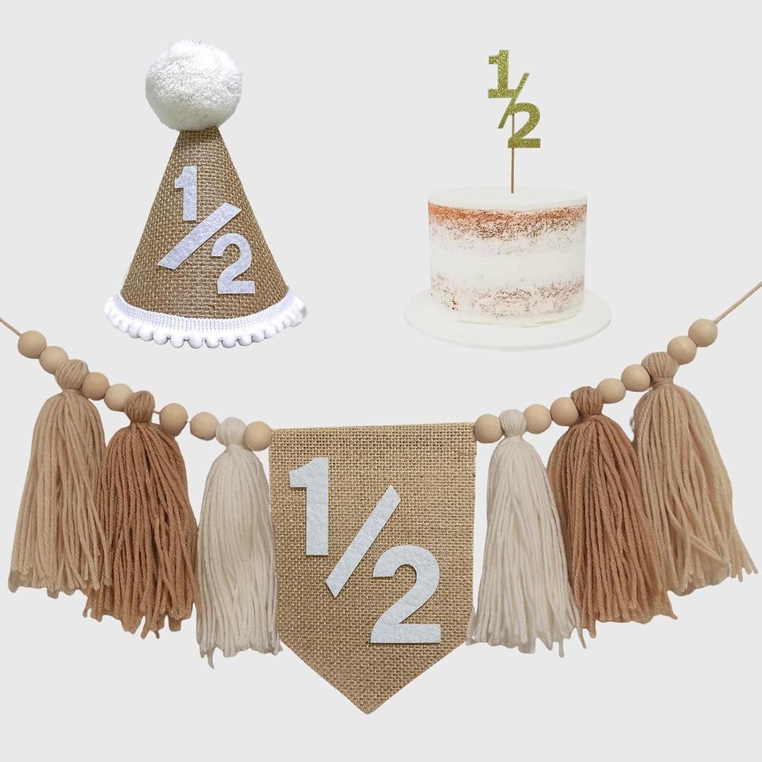 Boho Half Birthday Decorations for Baby Boy Neutral Byrlap 1/2 High Chair Banner with Cone Hat for 6 Months Half Birthday Outfit Half Way to One Decorations