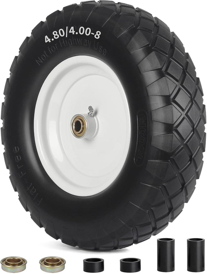 4.80/4.00-8" Wheelbarrow Tire, 16" Flat-Free Solid Tire and Wheel, 3-6" Centered Hub, 5/8" & 3/4" Bearing, For Broadcast Spreader Garden Wagon Cart Trolley Dolly (1 Pack) (4.00-81 Pack)