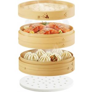 Prime Home Direct Bamboo Steamer Basket 10-Inch | 2-Tier Steamer for Cooking | 50 Liners, Chopsticks, Sauce Dish | Steaming Asian Food, Bao Buns, Chinese, Dim Sum, Dumpling, Rice, Vegetable Steam Pot