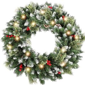 24 Inch Christmas Wreaths for Front Door with Lights,Lighted Artificial Flowering Pine Door Wreath,Prelit Faux Green Winter Wreath with Pine Cones and Red Berry for Indoor Outdoor Decor