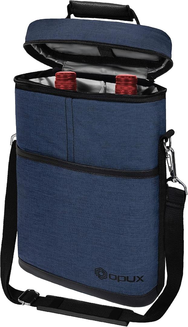 opux 2 Bottle Wine Carrier Tote, Insulated Leakproof Wine Cooler Bag, Wine Travel Bag for Picnic BYOB Beach, Portable Wine Bottle Carrying Case, Gift for Wine Lover Women Men Christmas, Navy