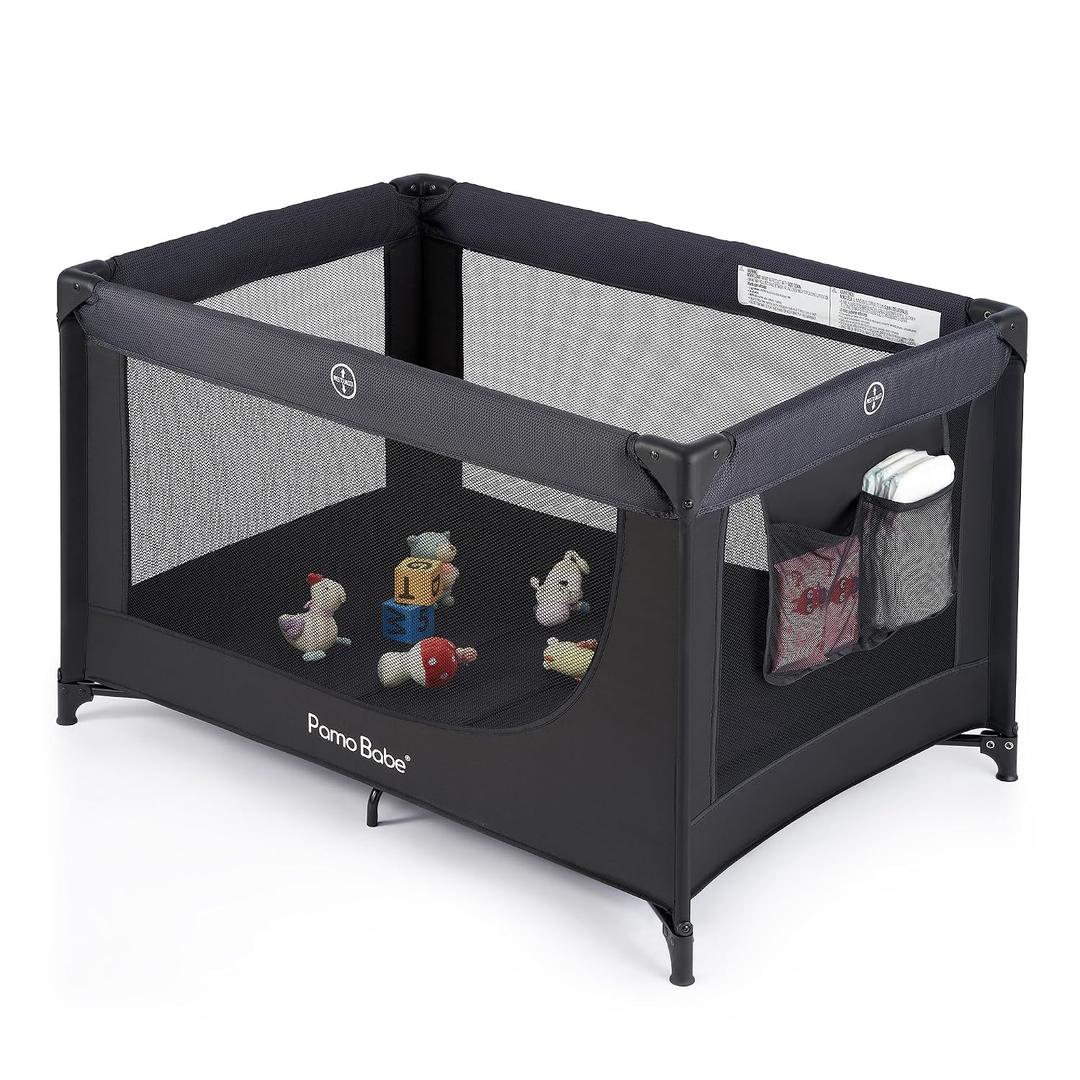 Pamo Babe Compact Pack and Play - Portable Crib for Baby, Lightweight Foldable Travel Playard with Mattress Pad & Carry Bag, Safe Breathable Travel Bed for Home, Trips & Family Visits, Black