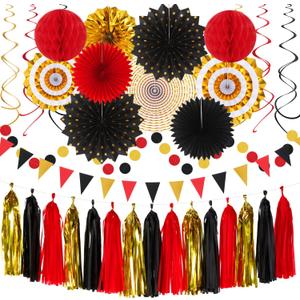 Red Black-Gold Casino Theme Party-Decorations - 33pcs Kits Game Night Graduation Banner, StreamersTassel Garland,Tissue Pom Poms Honeycomb, Paper Lantern Fans,Wedding Birthday Baby Shower Decor Hugtmr