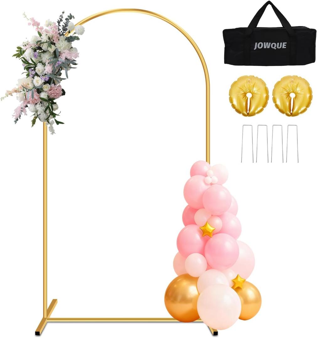 Heavy Duty Metal Arch Backdrop Stand, 7.2FT Stable Gold Arch Stand with Ground Stakes and Water Bags, Balloon Arch Stand for Wedding Party Baby Shower Photo Flower Arch Decoration 