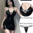 Women's Sexy Faux Leather Lingerie Sleeveless V Neck PU Leather Mini Bodycon Dress Black (Black)