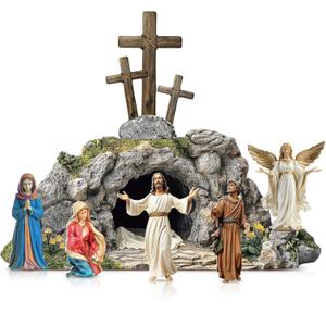 Bucherry 7 Pcs Easter Resurrection Scene Set Religious Wooden Easter Cross Shaped Table Decoration Jesus Nun Statue Centerpieces Christian Figurines Empty Tomb Easter Scene for Home Easter Gift