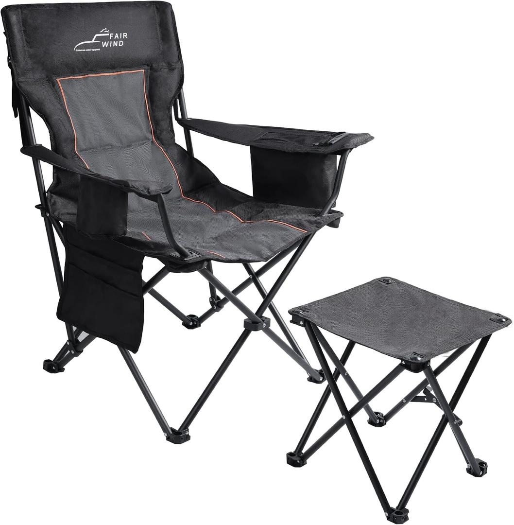 FAIR WIND Oversized Padded Camping Chair with Footrest Stool Set Heavy Duty Support 300 LBS Cooler Bag - Black, Single Pack