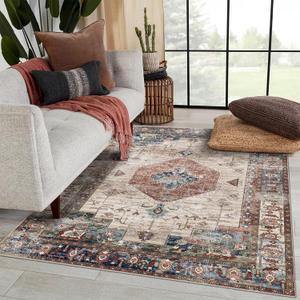 Vivorug 4x6 Rug, Small Area Rug for Living Room, Bedroom, Kitchen, Machine Washable Non-Slip Throw Rug, Vintage Carpet for Entryway Nursery Coffee Table - Durable (Brown) (Brick Red/ Navy)