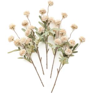 Floroom 5pcs Faux Silk Pompon Mum Artificial Flowers, Bulk Fake Mini Chrysanthemums with Stems for DIY Bouquet Centerpieces Wedding Fillers Champagne Arrangements Shower Decorations, Beige