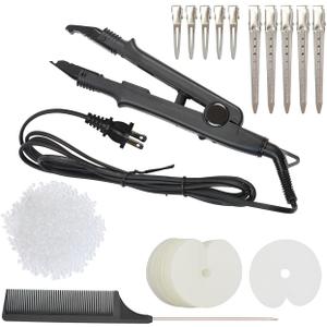 Hair Extensions Tool Kits with Fusion Heat Iron Connector Wand US Plug 50 Pcs Single Hole Heat Shield Guards 10 Pcs Hair Clips 50g Keratin Beads (Black A Head)