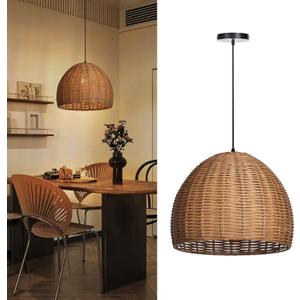 Arturesthome Hand Woven Rattan Pendant Lighting Fixture, 1-Light Bohemian Weaving Natural Ceiling Hanging Light,Farmhouse Coastal Chandelier for Kitchen Island,Living Room,Dining Room