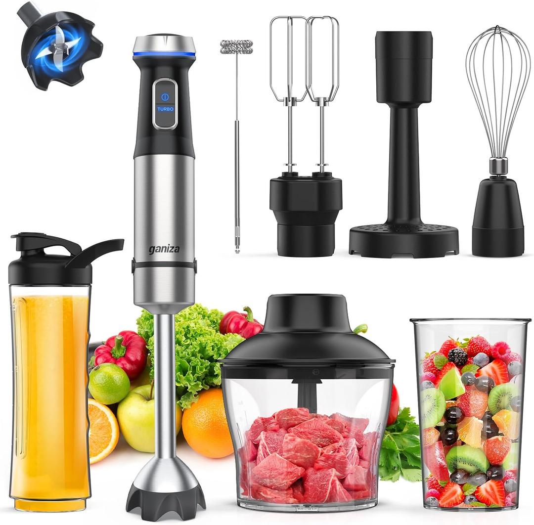 Ganiza Immersion Blender Handheld Corded 8 in 1 Hand Blender Max 1000W 16 Speed Mode Stick Emulsifier with 800ml Mixing Beaker, 600ml Chopper, Whisk, Frother, Potato Masher and Portable Bottle