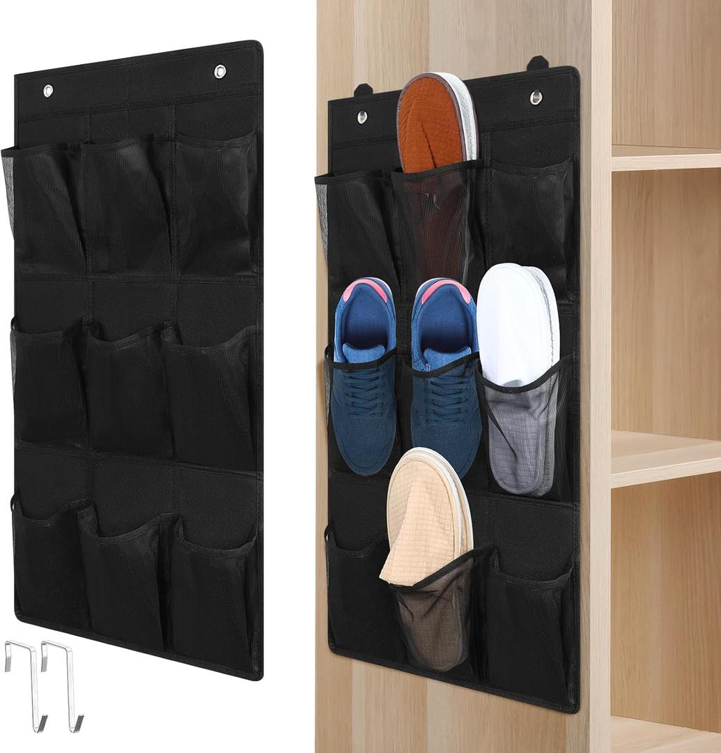 2 Pack 18 Pocket Wall Hanging Shoe Rack for Closet RV Shoe Storage with 8 Hooks over the Door Shoes Holder Organizer for Bathroom, RV, Pantry, Camping(Black)