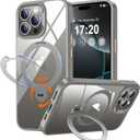 360 Rotatable Magnetic Stand for iPhone 16 pro Case Compatible with Magnetic 16FT Military Drop Protection, Anti-Scratch/Fingerprint Shockproof iPhone 16 pro Phone Case(Clear-Grey)