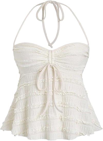 SKAYS Women's Going Out Halter Top Peplum Ruched Y2K Drawstring Sleeveless Flared Hem Cute Casual Top Summer Wear S