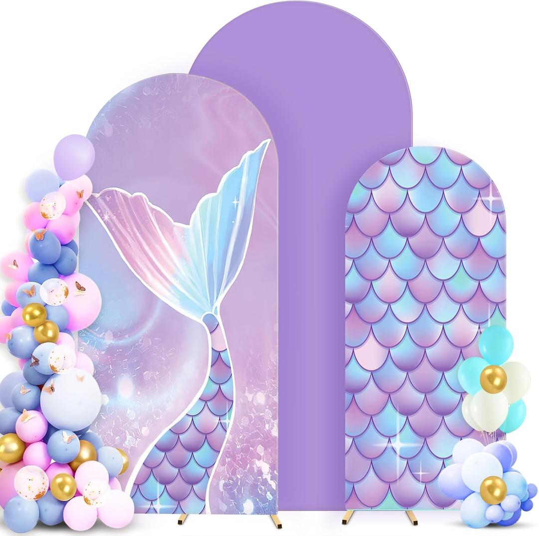 Set of 3 Mermaid Arch Backdrop Cover 8ft, 7.2ft, 6.6ft, Spandex Fitted Wedding Arch Covers for Wedding Birthday Party Decor (Fish, Sweet Colors)
