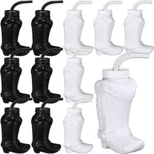 Hoolerry 10 oz Plastic Cowboy Boot Cups with Straws and Lids Plastic Cowboy Cups for Western Themed Party Supplies and Rodeo Party Decorations(Black, White,12 Pcs)