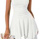 EYNMIN Women's Summer Mini Dress Bodycon Ruched Backless Halter Flowy Ruffle Party Club Short Dresses (White)