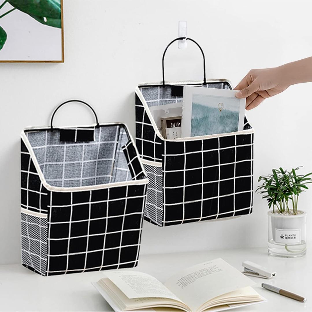 2 Pcs Wall-hanging Storage Bags, Desktop Organizer Basket Cotton Linen Hanging Storage Basket for Kitchen, Bedroom, Living Room (black)