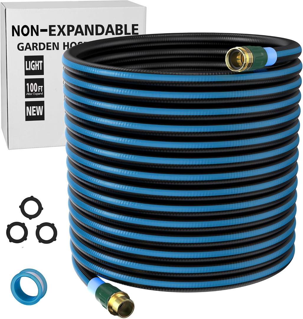 100 ft Non-expanding Garden Hose, 2025 Durable Water Hose, Leak-Proof Multi-Layer Outdoor Hose with Solid Brass Connectors Fittings for Lawn Car Watering Plants Cleaning, Black-Blue