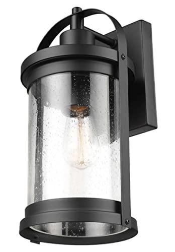Xavier 1-Light Matte Black Hardwired Outdoor Indoor Wall Lantern Sconce with Seeded Glass Shade