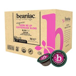 beaniac Organic Bean Me Up Coffeehouse Blend, Medium Roast, Single Serve Compostable K Cup Coffee Pods, Organic Arabica Coffee, Keurig Brewer Compatible, 72 Count (72 Count (Pack of 1))