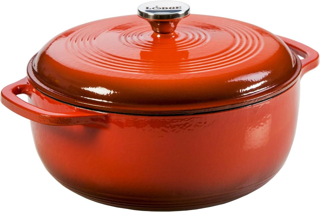 Lodge Essential Enamel Cast Iron Dutch Oven - Perfect for Bread Baking, Braising, Marinating & Slow Cooking - Features Moisture-Sealing Lid & Dual Handles - Kitchen Essentials - 6 Quarts - Poppy